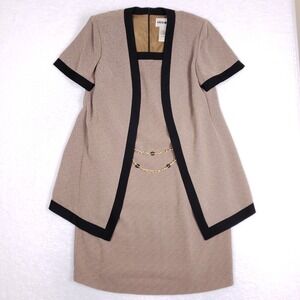 Studio I Dress Set Size 16 Taupe Black Trim Chain Detail Quiet Luxury Suit